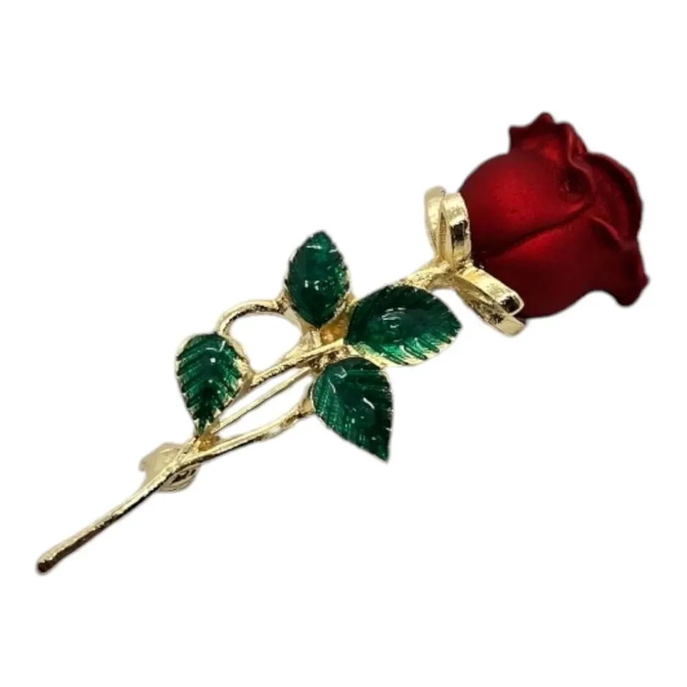 Elegant Red Rose Brooch 3D Gold Pin Romantic Love Girlfriend Wife Gift Timeless